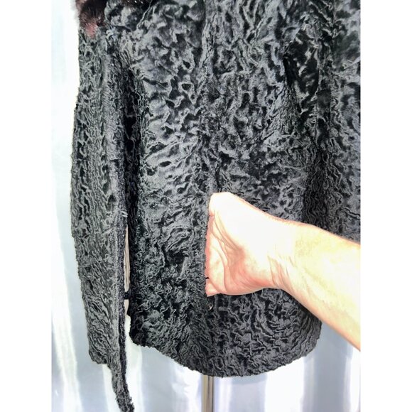 Vintage 60s Black Karakul Lamb Swing Coat Size Mink Collar Mod Glam Luxurious - Picture 6 of 14